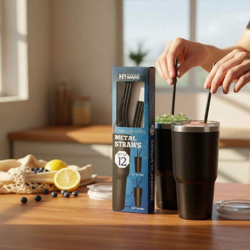 Hiware Black Metal Straws 12pk Stainless Steel 8.5-10.5in Reusable New